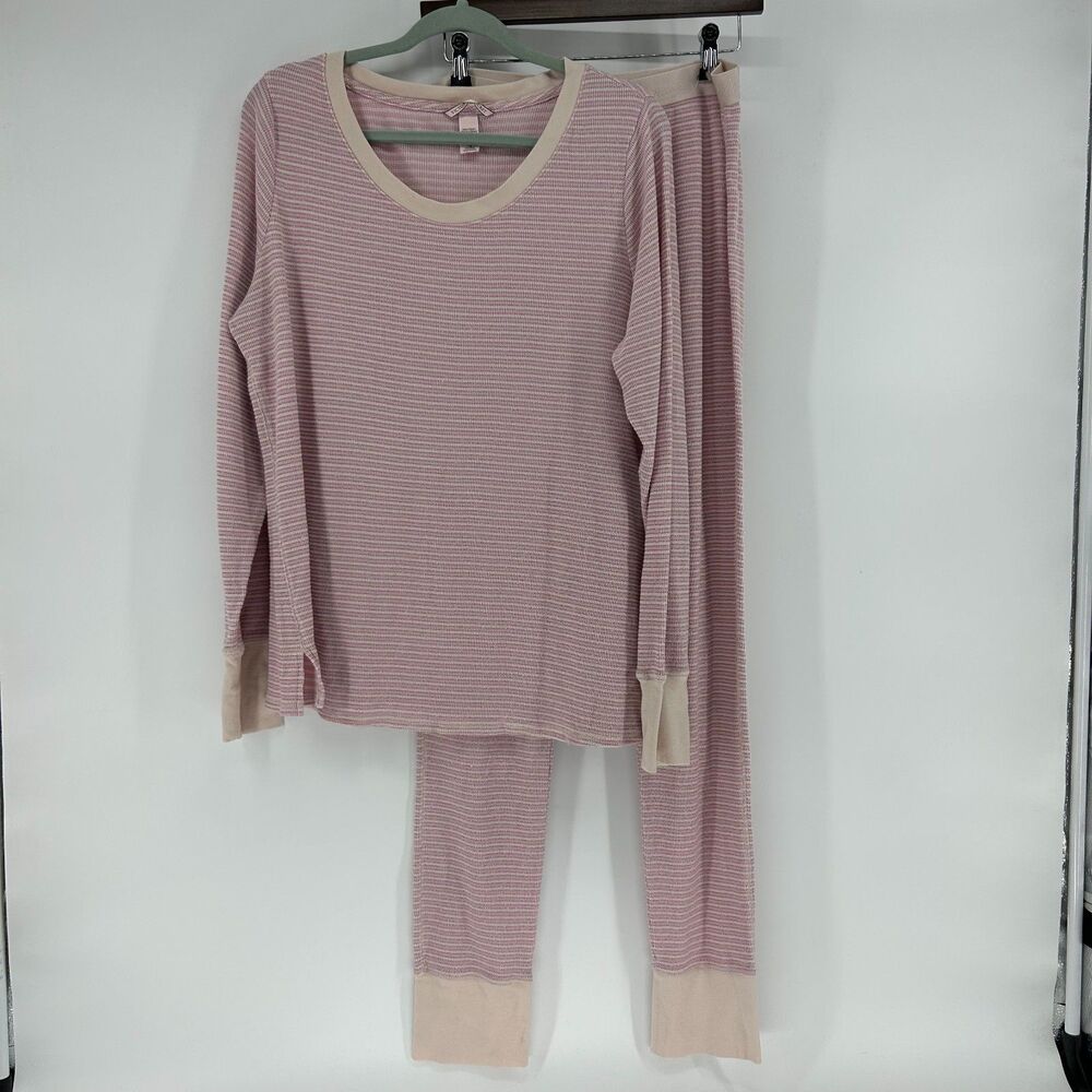 Victoria's Secret Thermal Waffle Knit Pajama Set Women's L Striped Pink Silver